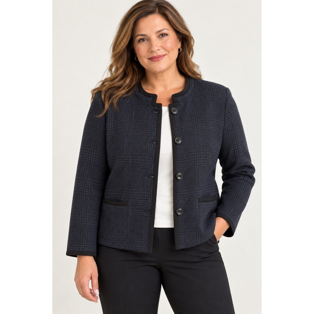Talbots Navy Blue Glen Plaid Italian Knit Mandarin Collar Jacket 14P